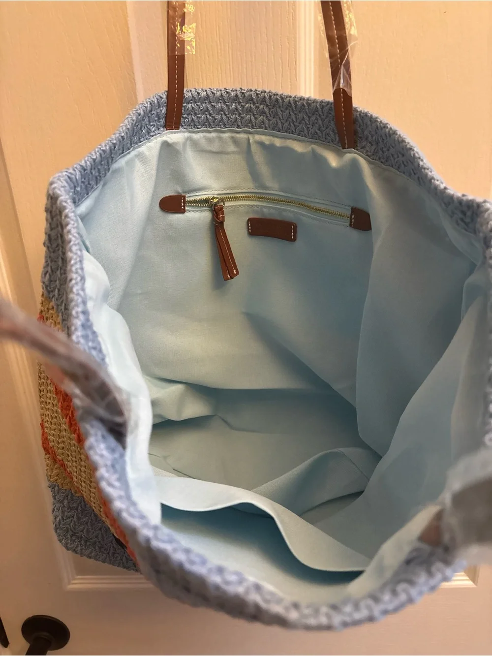 Miu Blue & Cream Striped raffia Straw Tote Bag beach sun nwot - Picture 6 of 7